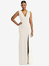 Front View Thumbnail - Ivory Deep V-Neck Closed Back Crepe Trumpet Gown with Front Slit