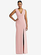 Front View Thumbnail - Rose Deep V-Neck Closed Back Crepe Trumpet Gown with Front Slit