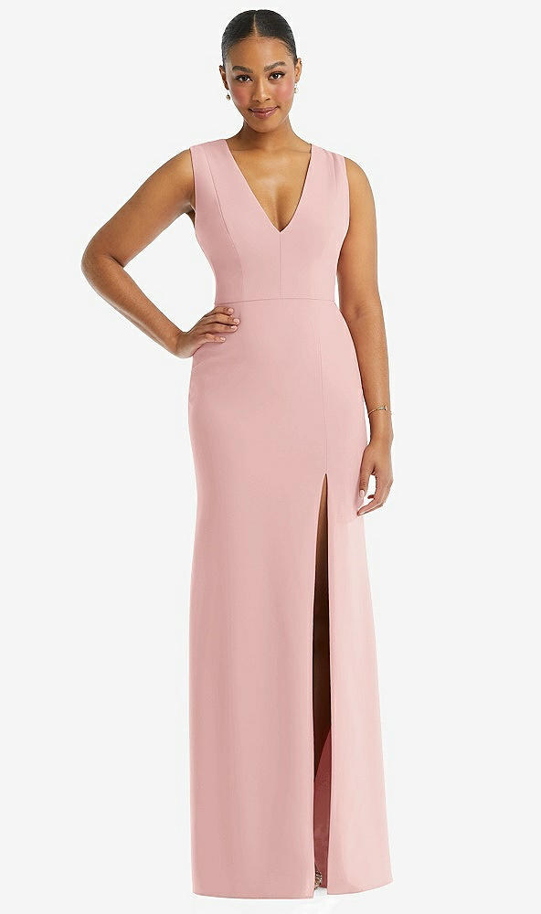 Front View - Rose Deep V-Neck Closed Back Crepe Trumpet Gown with Front Slit