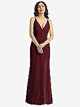 Front View Thumbnail - Cabernet Skinny Strap Deep V-Neck Crepe Trumpet Gown with Front Slit