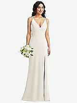 Alt View 1 Thumbnail - Ivory Skinny Strap Deep V-Neck Crepe Trumpet Gown with Front Slit