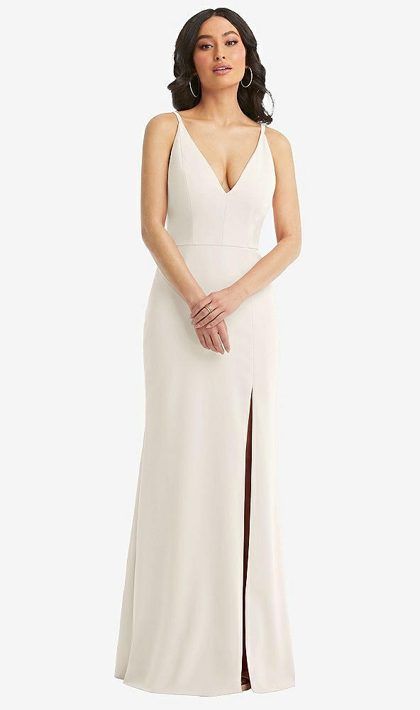 Front View - Ivory Skinny Strap Deep V-Neck Crepe Trumpet Gown with Front Slit