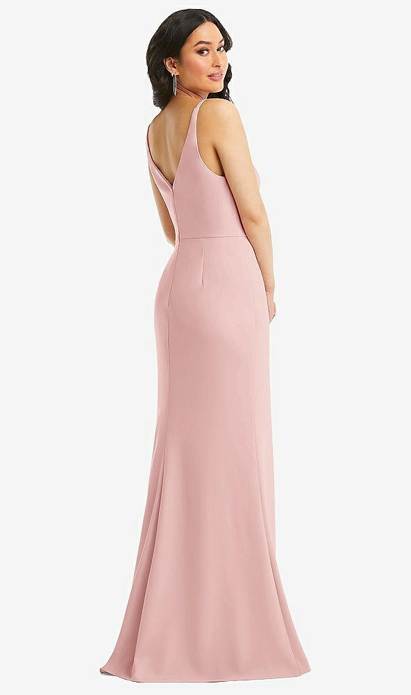 Back View - Rose Skinny Strap Deep V-Neck Crepe Trumpet Gown with Front Slit