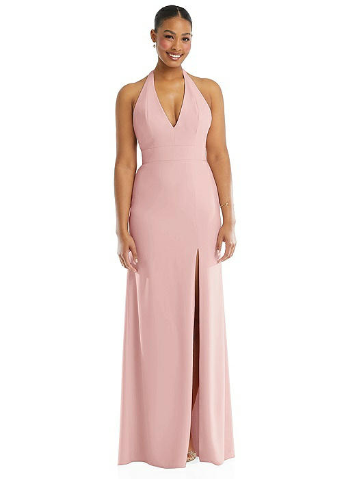 Plunge Neck Halter Backless Trumpet Gown with Front Slit