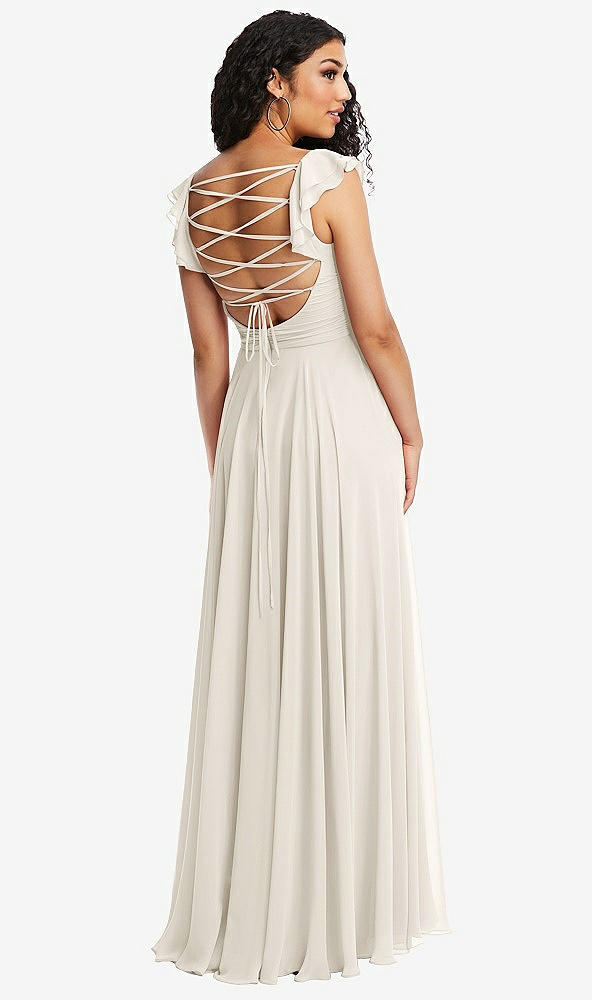 Front View - Ivory Shirred Cross Bodice Lace Up Open-Back Maxi Dress with Flutter Sleeves