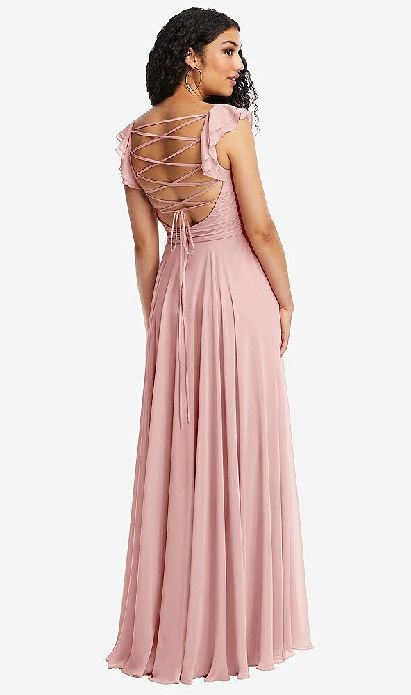 Front View - Rose Shirred Cross Bodice Lace Up Open-Back Maxi Dress with Flutter Sleeves