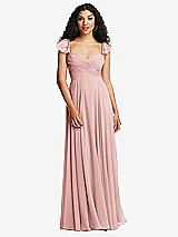 Rear View Thumbnail - Rose Shirred Cross Bodice Lace Up Open-Back Maxi Dress with Flutter Sleeves