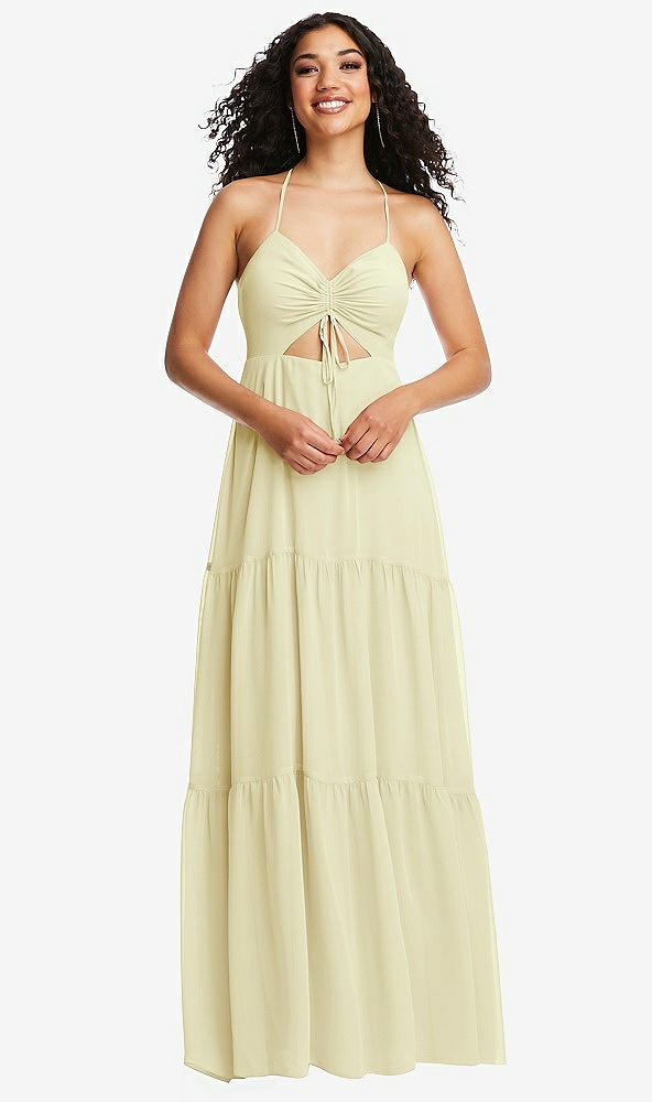 Front View - Butter Yellow Drawstring Bodice Gathered Tie Open-Back Maxi Dress with Tiered Skirt