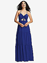 Front View Thumbnail - Cobalt Blue Drawstring Bodice Gathered Tie Open-Back Maxi Dress with Tiered Skirt