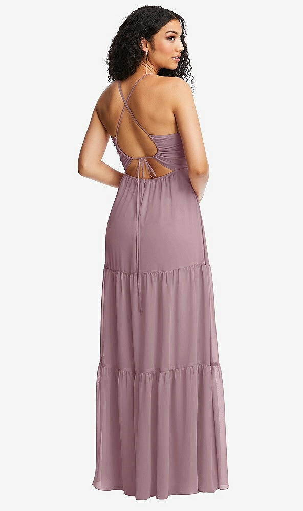 Back View - Dusty Rose Drawstring Bodice Gathered Tie Open-Back Maxi Dress with Tiered Skirt