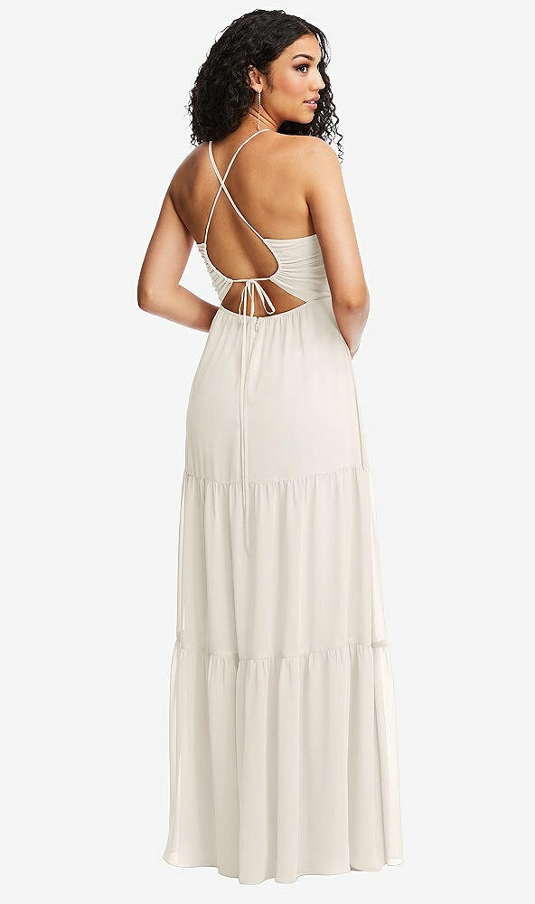 Back View - Ivory Drawstring Bodice Gathered Tie Open-Back Maxi Dress with Tiered Skirt