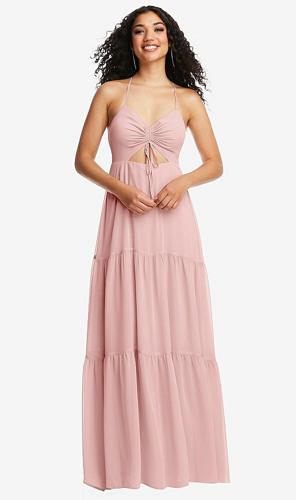 Front View - Rose Drawstring Bodice Gathered Tie Open-Back Maxi Dress with Tiered Skirt