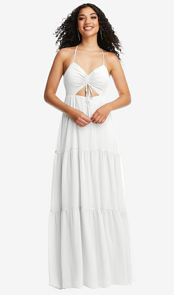 Front View - White Drawstring Bodice Gathered Tie Open-Back Maxi Dress with Tiered Skirt