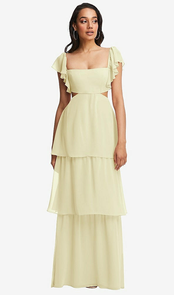 Front View - Butter Yellow Flutter Sleeve Cutout Tie-Back Maxi Dress with Tiered Ruffle Skirt