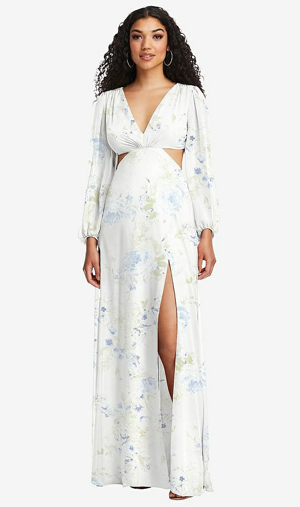 Front View - Bleu Garden Long Puff Sleeve Cutout Waist Chiffon Maxi Dress