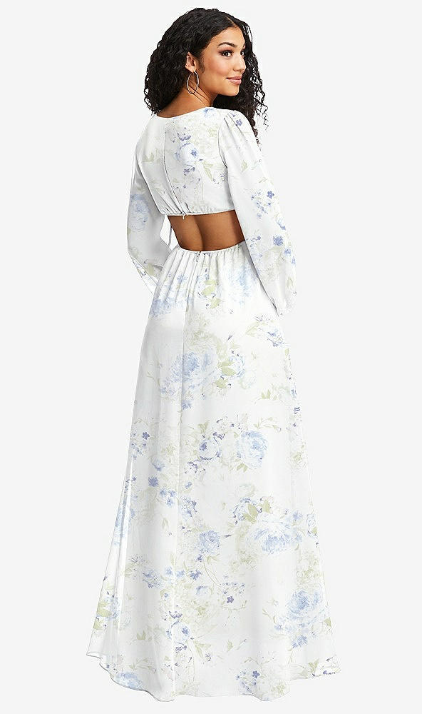 Back View - Bleu Garden Long Puff Sleeve Cutout Waist Chiffon Maxi Dress