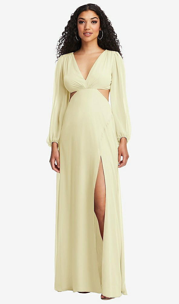 Front View - Butter Yellow Long Puff Sleeve Cutout Waist Chiffon Maxi Dress