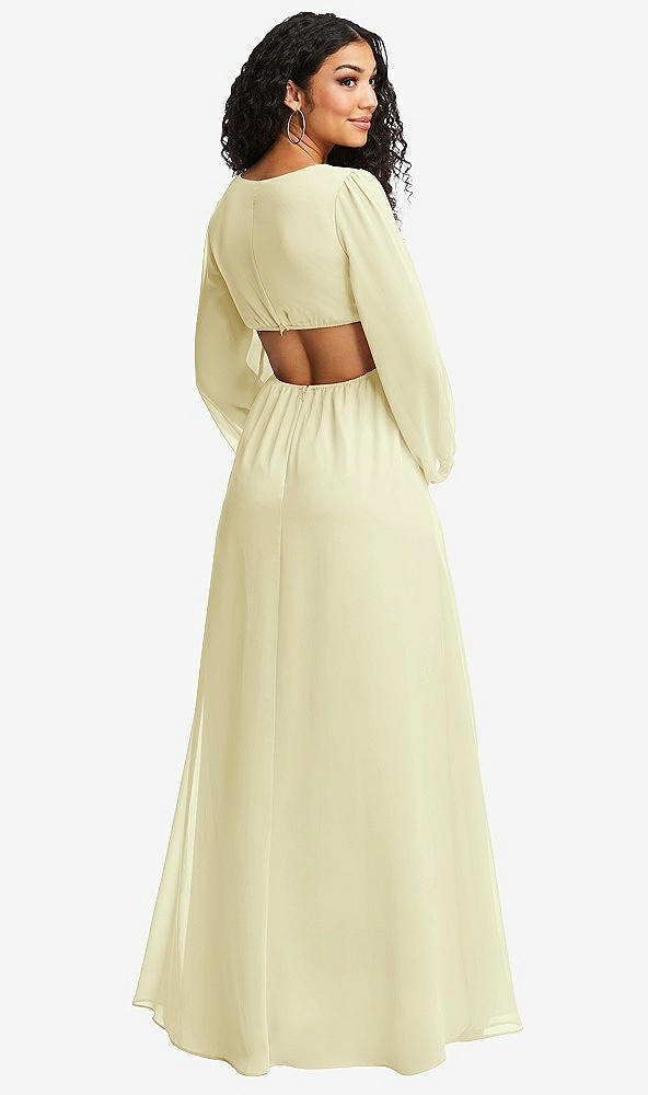 Back View - Butter Yellow Long Puff Sleeve Cutout Waist Chiffon Maxi Dress