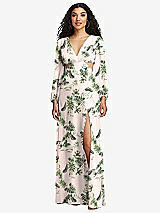 Front View Thumbnail - Palm Beach Print Long Puff Sleeve Cutout Waist Chiffon Maxi Dress