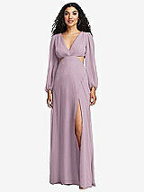Front View Thumbnail - Suede Rose Long Puff Sleeve Cutout Waist Chiffon Maxi Dress