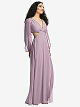 Side View Thumbnail - Suede Rose Long Puff Sleeve Cutout Waist Chiffon Maxi Dress