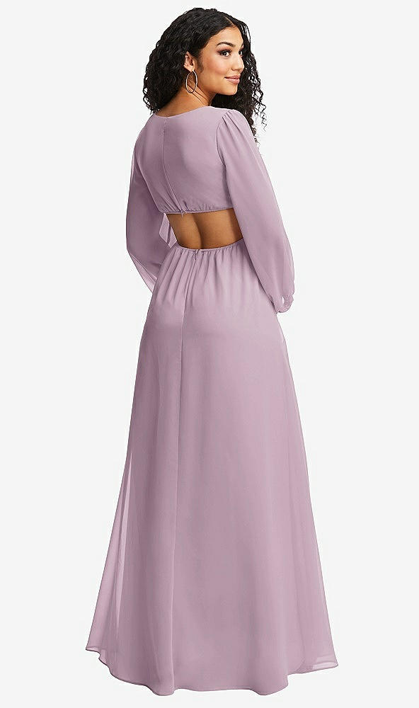 Back View - Suede Rose Long Puff Sleeve Cutout Waist Chiffon Maxi Dress