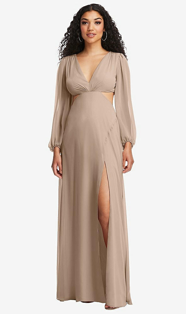 Front View - Topaz Long Puff Sleeve Cutout Waist Chiffon Maxi Dress