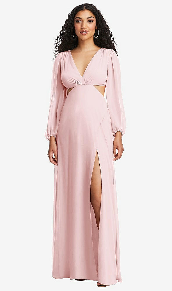 Front View - Ballet Pink Long Puff Sleeve Cutout Waist Chiffon Maxi Dress