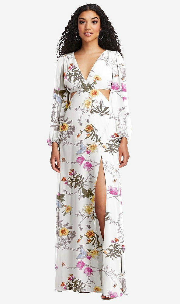 Front View - Butterfly Botanica Ivory Long Puff Sleeve Cutout Waist Chiffon Maxi Dress