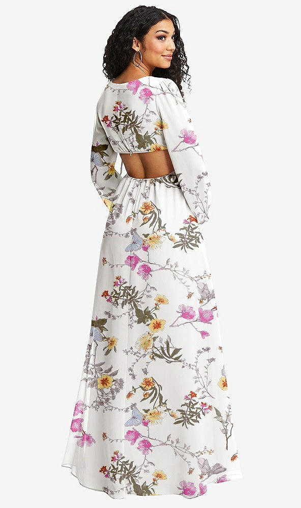 Back View - Butterfly Botanica Ivory Long Puff Sleeve Cutout Waist Chiffon Maxi Dress
