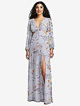 Front View Thumbnail - Butterfly Botanica Silver Dove Long Puff Sleeve Cutout Waist Chiffon Maxi Dress