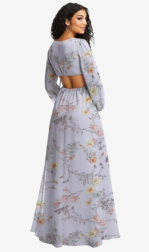 Back View - Butterfly Botanica Silver Dove Long Puff Sleeve Cutout Waist Chiffon Maxi Dress