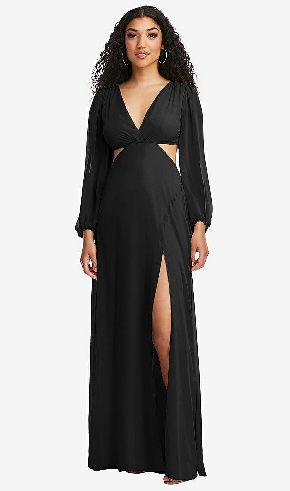Front View - Black Long Puff Sleeve Cutout Waist Chiffon Maxi Dress