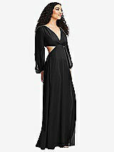 Side View Thumbnail - Black Long Puff Sleeve Cutout Waist Chiffon Maxi Dress