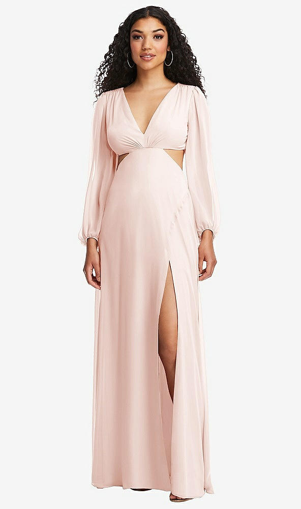 Front View - Blush Long Puff Sleeve Cutout Waist Chiffon Maxi Dress
