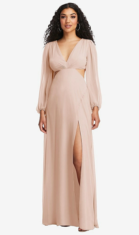 Front View - Cameo Long Puff Sleeve Cutout Waist Chiffon Maxi Dress