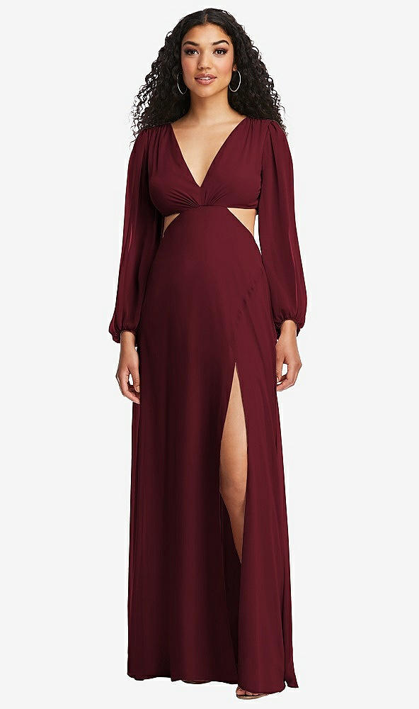 Front View - Cabernet Long Puff Sleeve Cutout Waist Chiffon Maxi Dress