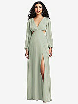 Front View Thumbnail - Celadon Long Puff Sleeve Cutout Waist Chiffon Maxi Dress