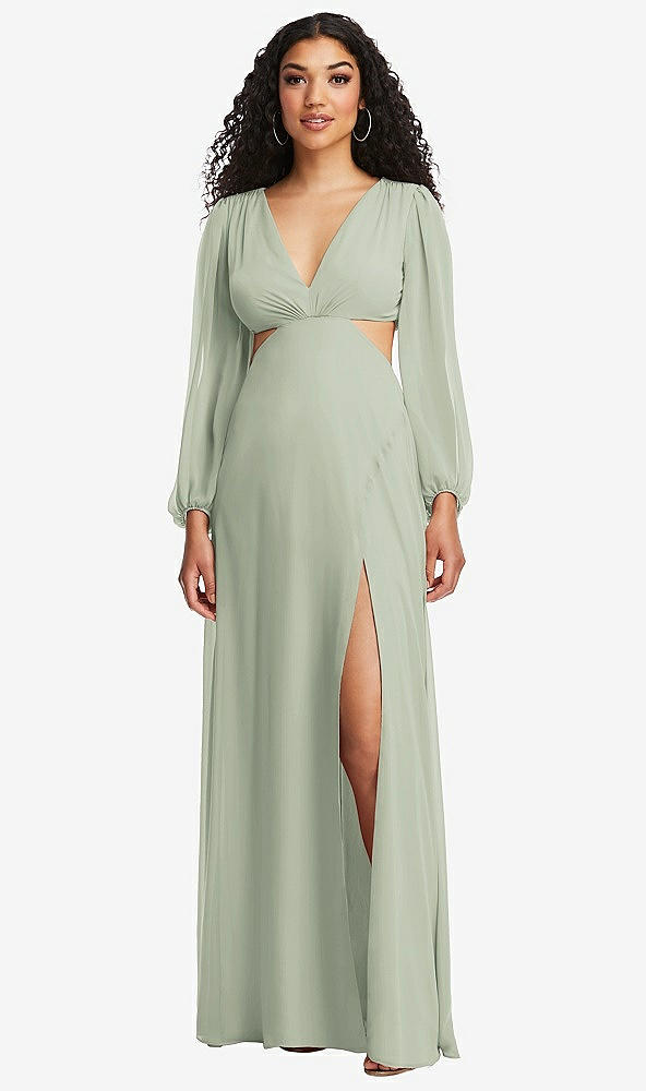Front View - Celadon Long Puff Sleeve Cutout Waist Chiffon Maxi Dress