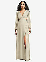 Front View Thumbnail - Champagne Long Puff Sleeve Cutout Waist Chiffon Maxi Dress