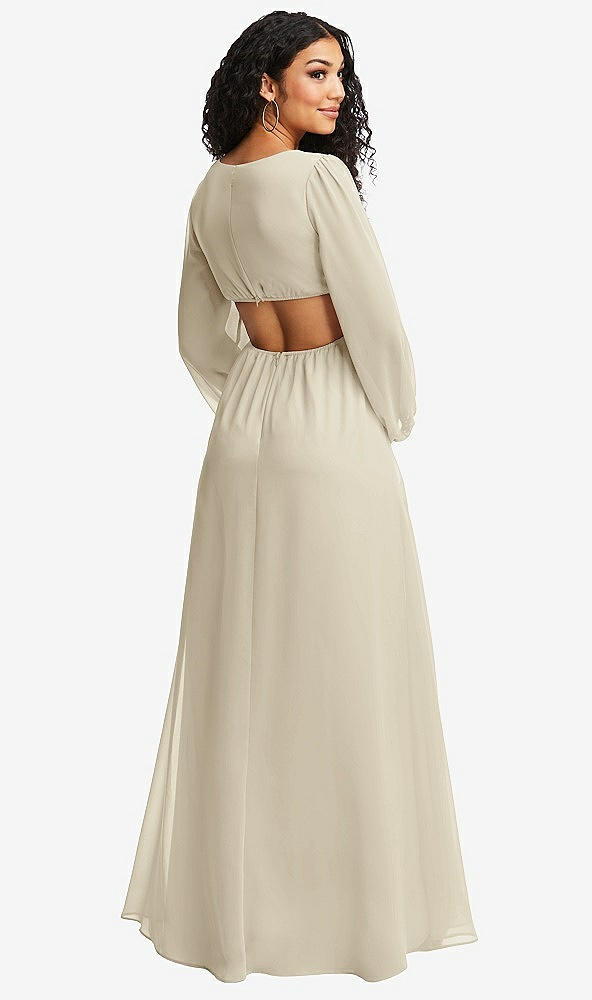 Back View - Champagne Long Puff Sleeve Cutout Waist Chiffon Maxi Dress