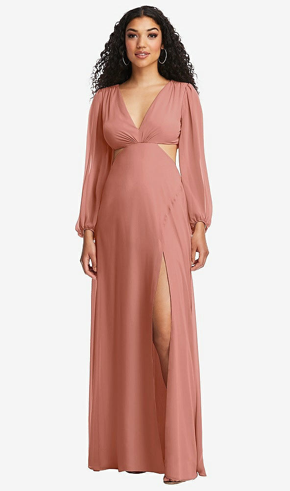 Front View - Desert Rose Long Puff Sleeve Cutout Waist Chiffon Maxi Dress