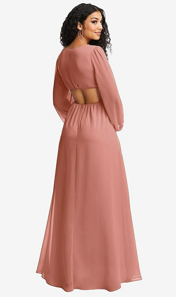 Back View - Desert Rose Long Puff Sleeve Cutout Waist Chiffon Maxi Dress