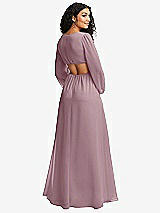 Rear View Thumbnail - Dusty Rose Long Puff Sleeve Cutout Waist Chiffon Maxi Dress