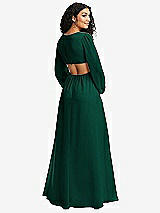 Rear View Thumbnail - Hunter Green Long Puff Sleeve Cutout Waist Chiffon Maxi Dress