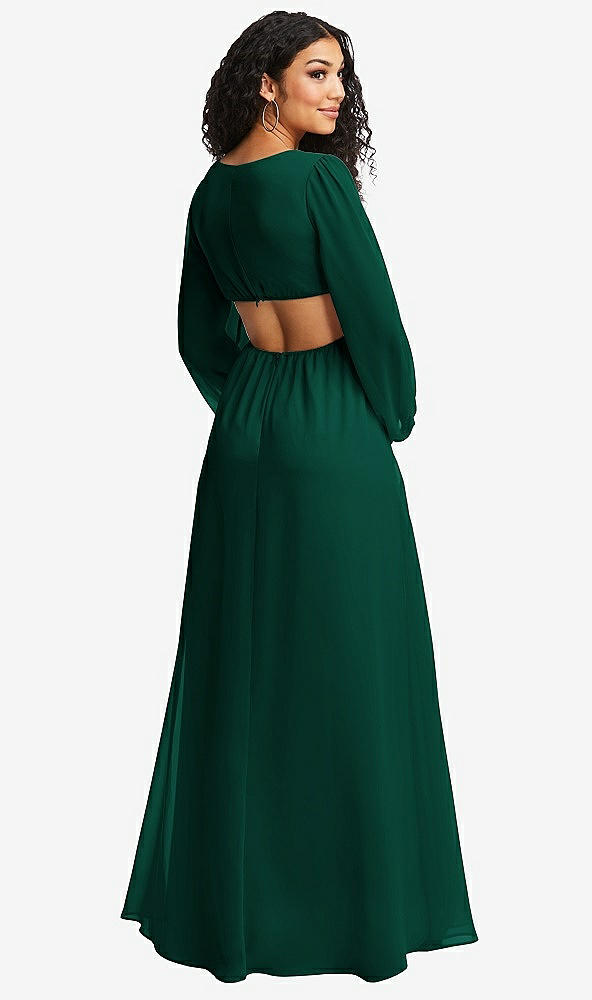 Back View - Hunter Green Long Puff Sleeve Cutout Waist Chiffon Maxi Dress