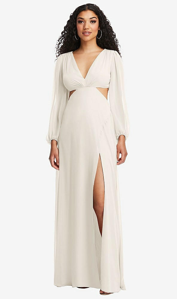Front View - Ivory Long Puff Sleeve Cutout Waist Chiffon Maxi Dress