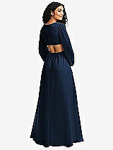 Rear View Thumbnail - Midnight Navy Long Puff Sleeve Cutout Waist Chiffon Maxi Dress