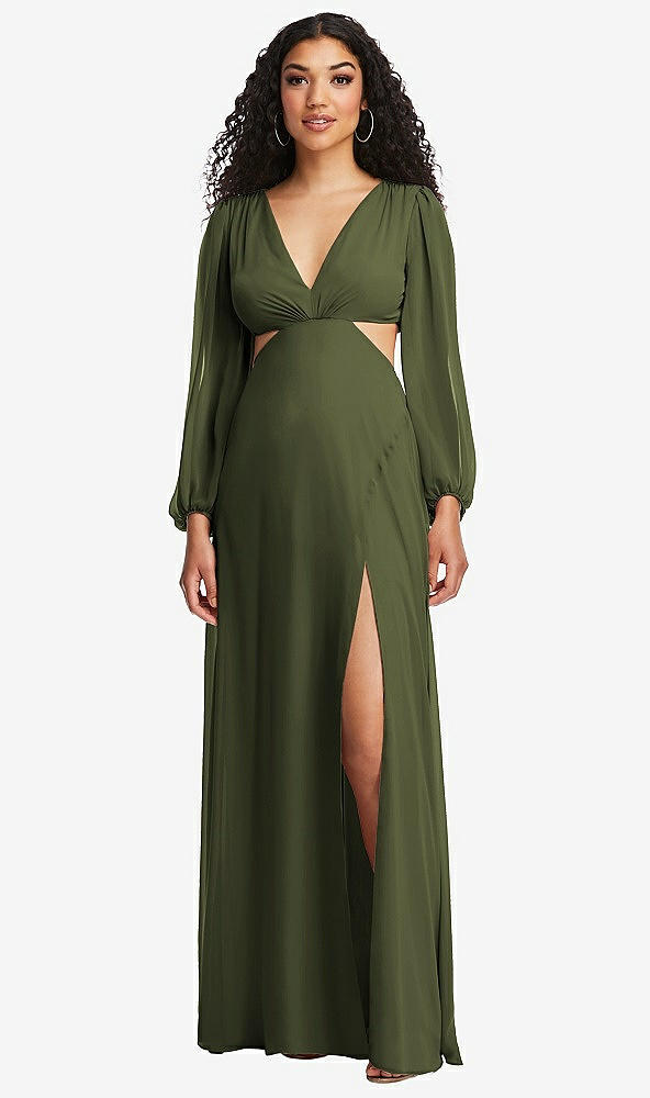 Front View - Olive Green Long Puff Sleeve Cutout Waist Chiffon Maxi Dress