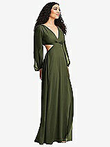 Side View Thumbnail - Olive Green Long Puff Sleeve Cutout Waist Chiffon Maxi Dress